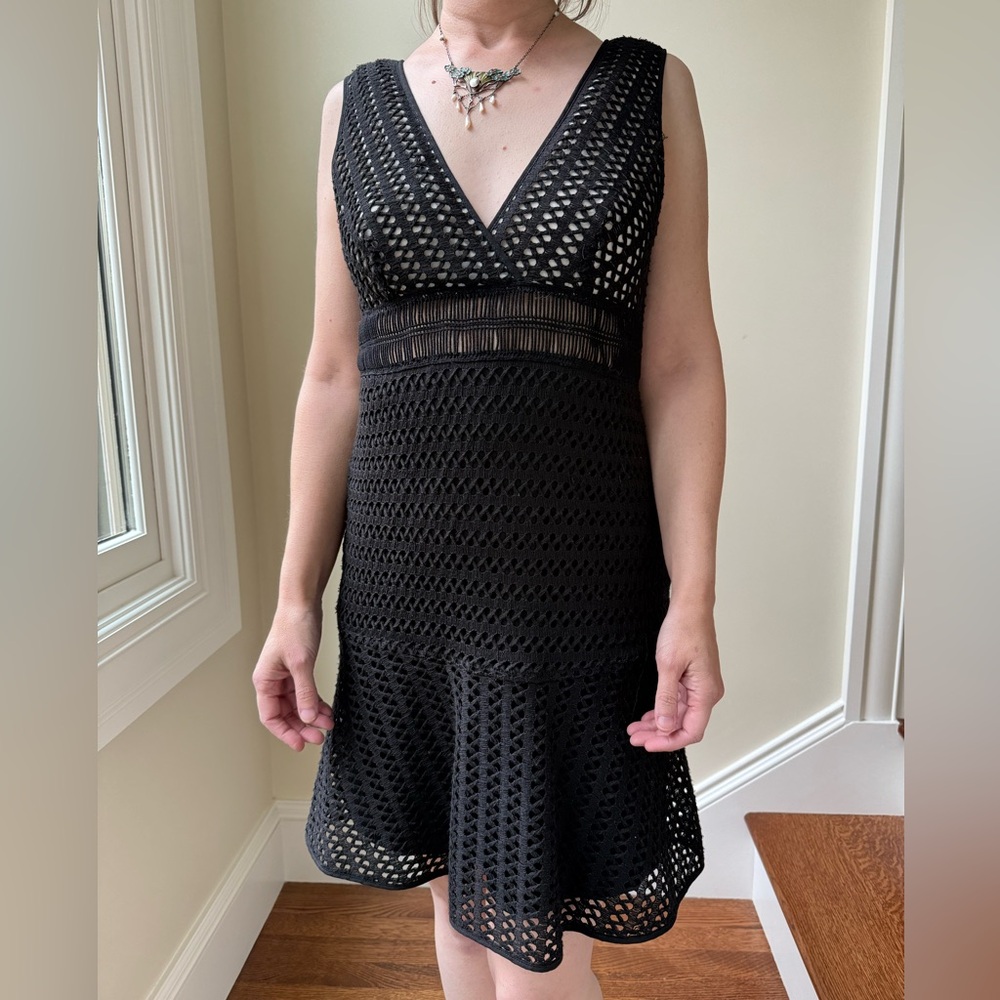 SANDRO PARIS Paola Crochet Lace Black Mini Dress‎ Ruffle Cocktail Fit Flare US 6